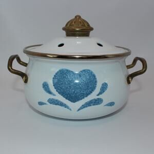 Vintage Lincoware Enamel Potpourri Bowl Pot With Vented Lid Blue Heart